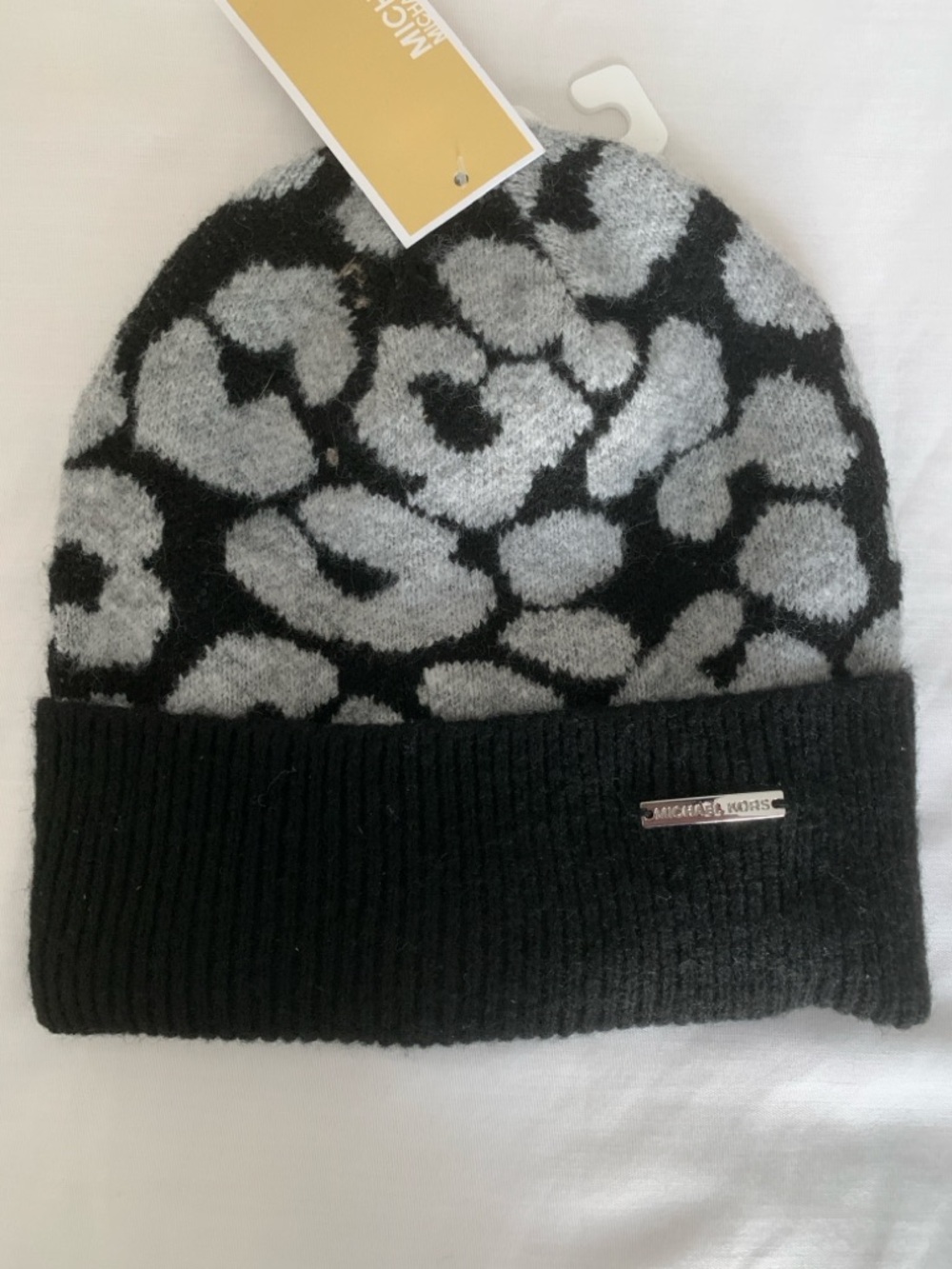 NWT Michael Kors Leopard Print Knit Beanie Hat OS Black Gray Logo